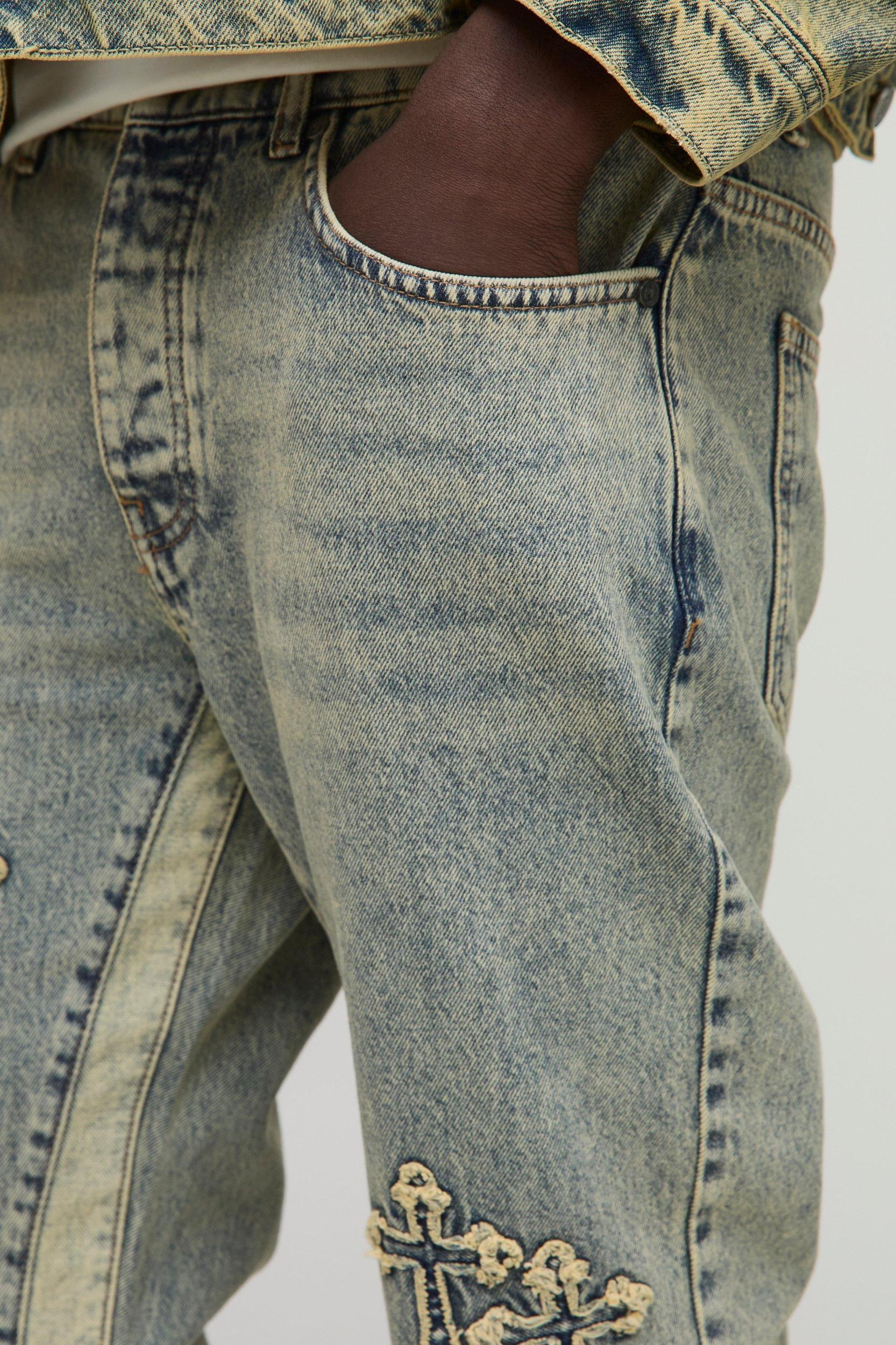 Slim Flared Cross Applique Panelled Jeans | boohooMAN USA Product Image