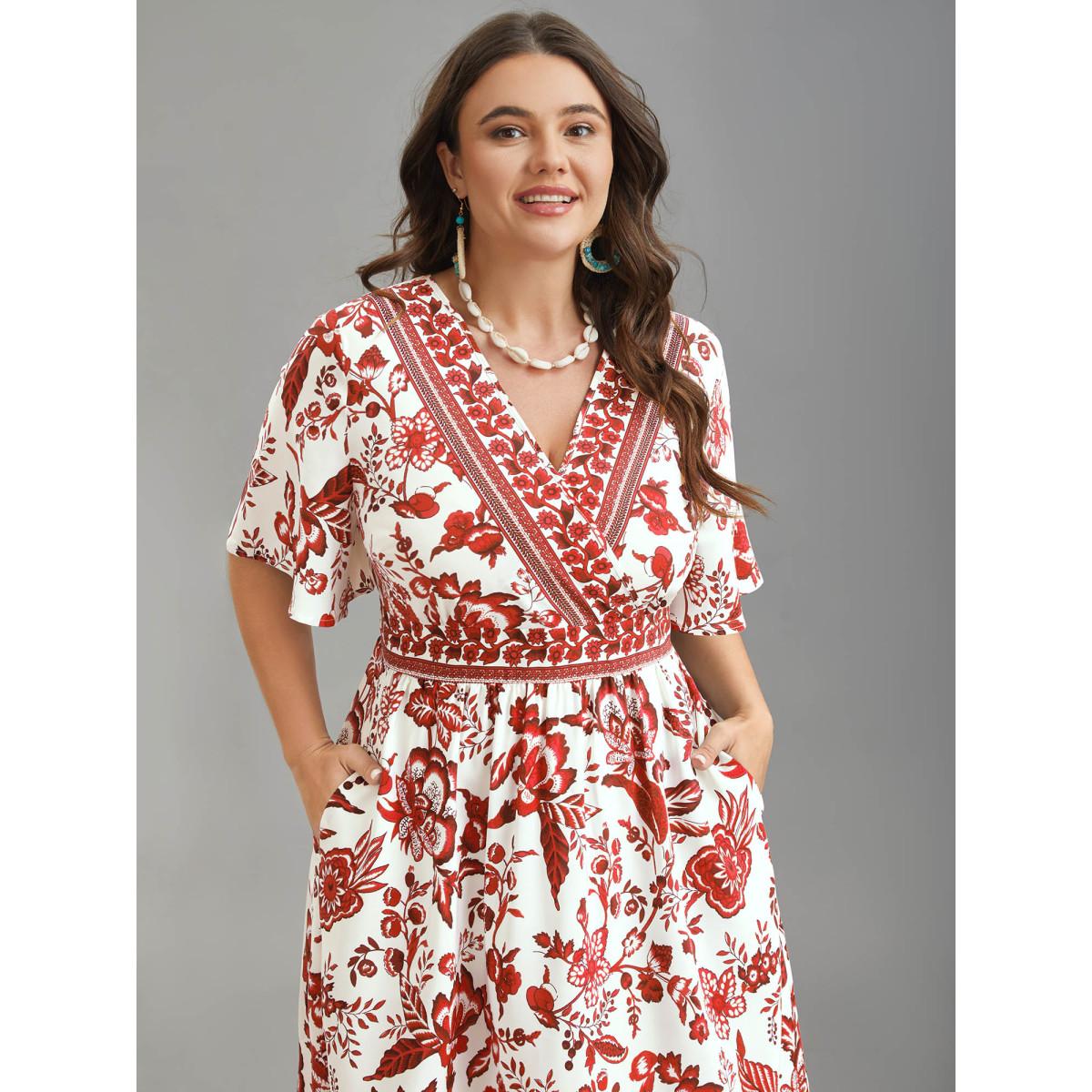 Plus Size Floral Print Wrap-Neck Pocket Midi Dress Rust Women Resort Non Overlap Collar Short sleeve Curvy BloomChic 30/6X Product Image