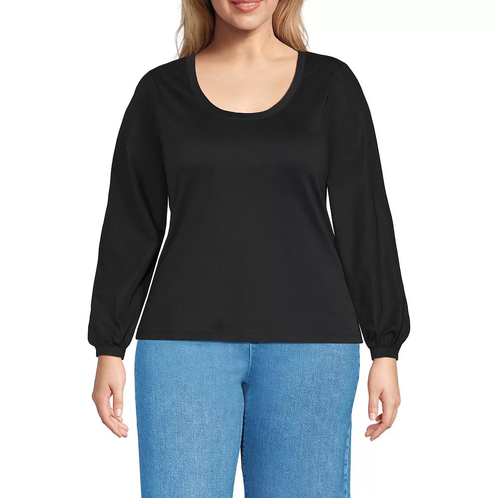 Plus Size Lands' End Supima Interlock Scoop Neck Blouson Sleeve Top, Women's, Size: 1XL, Black Product Image