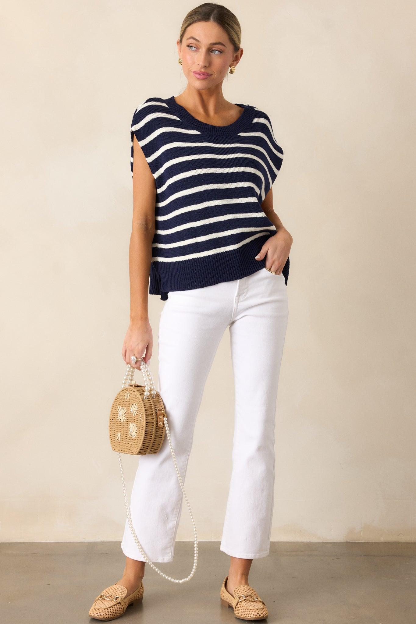 Daring Diva Navy Stripe Oversized Sweater Vest Product Image