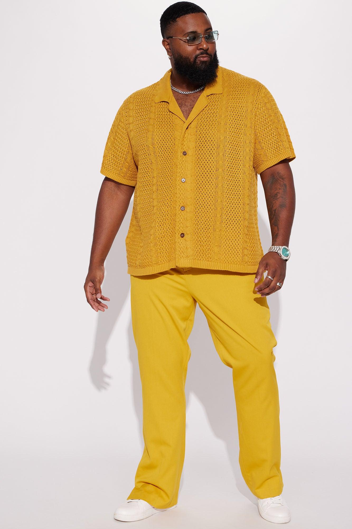 Unwind Cable Knit Short Sleeve Button Up - Mustard Product Image