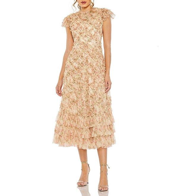Mac Duggal Mesh Floral Print Mock Neck Cap Sleeve Micro Ruffle A-Line Midi Dress Product Image