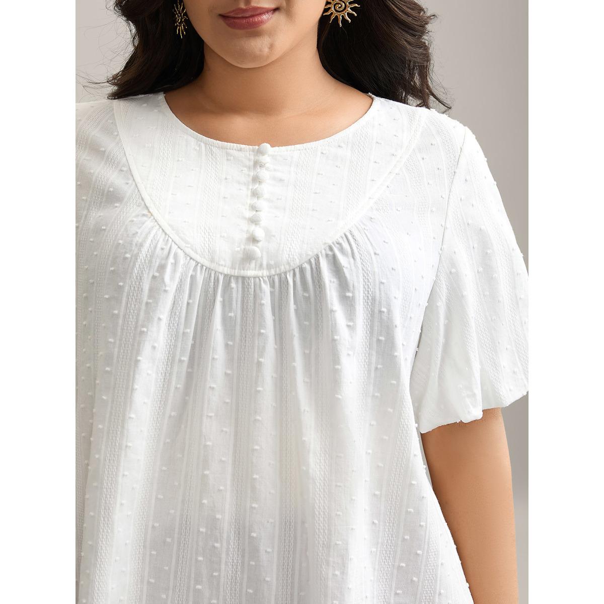 Plus Size WhiteSmoke Pure Cotton Puff Sleeve Button Blouse Women Half Sleeve Round Neck Vacation Blouses BloomChic 12/L Product Image