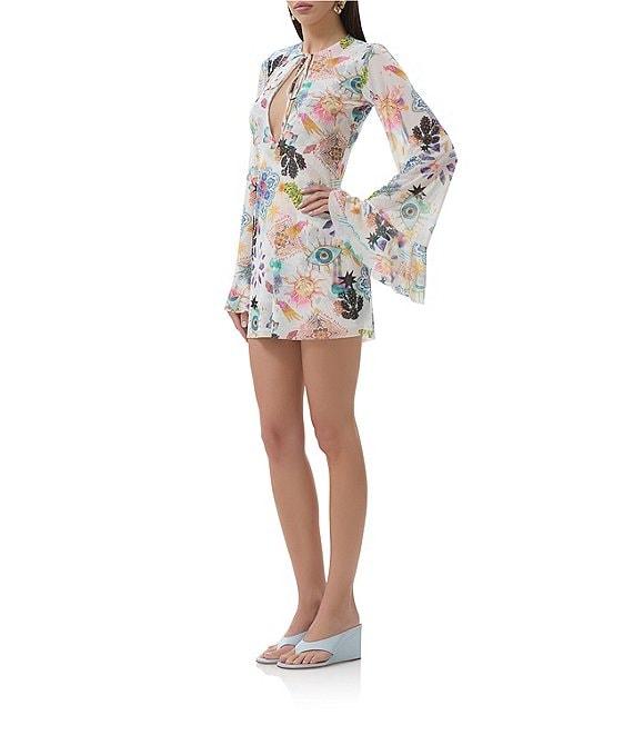 AFRM Kori Printed Mesh Crew Neck Front Keyhole Long Bell Sleeve Mini Dress Product Image