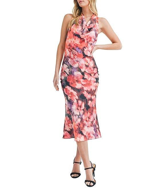 Sage The Label Independent Floral Abstract Print Cowl Neck Sleeveless Midi Dress Product Image
