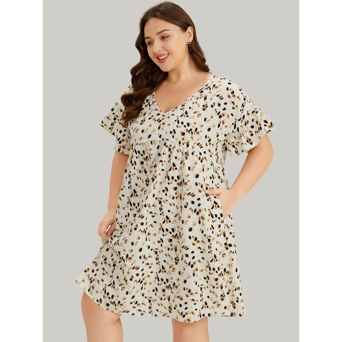 Plus Size Allover Print Pocket V Neck Ruffle Sleeve Dress Leopard Women Elegant Ruffles V-neck Short sleeve Curvy Knee Dress BloomChic 28/5X Product Image