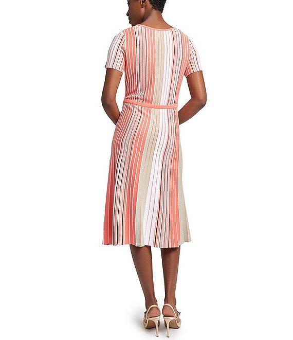 Ming Wang Knit Multi-Stripe Round Neck Short Sleeve Fit-And-Flare Midi Dress Product Image