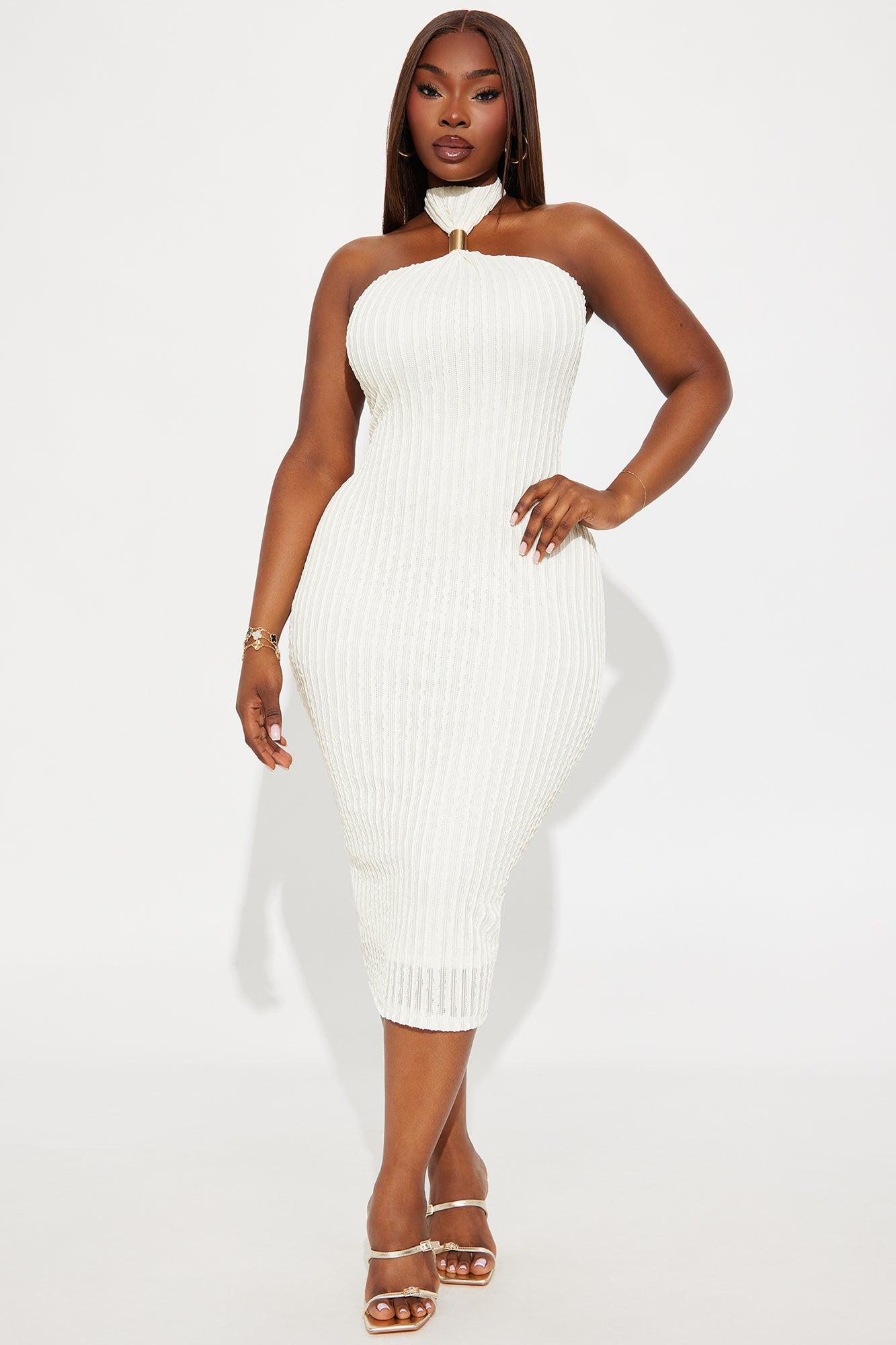 Sophia Textured Halter Midi Dress - Ivory Female Product Image