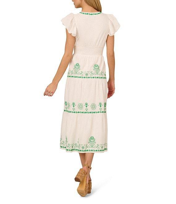 Adrianna by Adrianna Papell Cotton Embroidered V-Neck Short Sleeve A-Line Midi Dress Product Image
