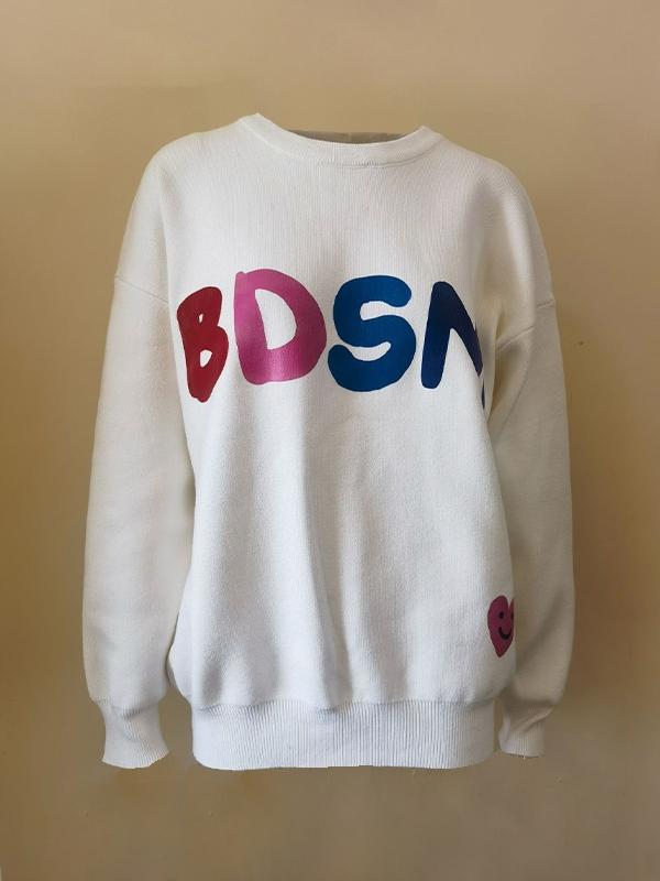 Contrast Color Letter Jacquard Crew Neck Sweater Product Image