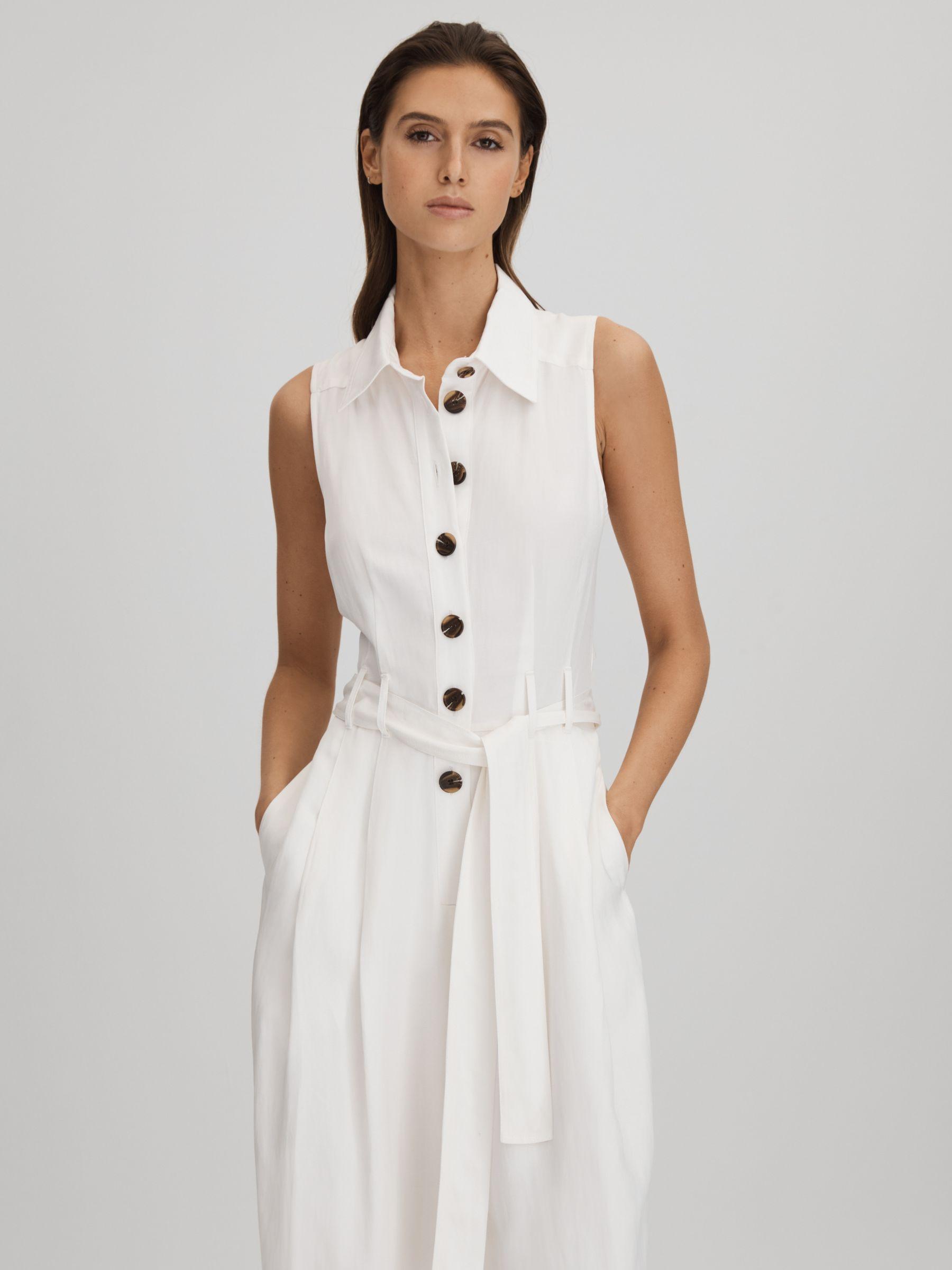 Petite Belted Wide Leg Jumpsuit in White Product Image