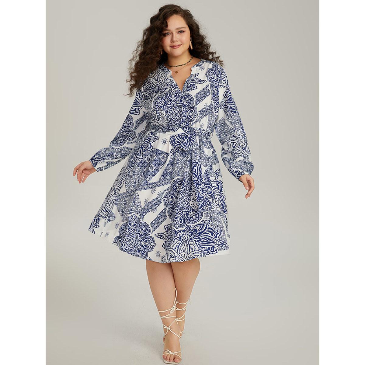 Plus Size Bandana Print Notched Belted Dress Blue Women Vacation Elastic cuffs Notched collar Long Sleeve Curvy Midi Dress BloomChic 22-24/3X Product Image