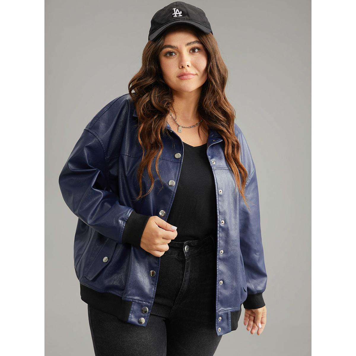 Plus Size PU Patchwork Pocket Button Through Jacket Women Indigo Elastic cuffs Dailywear Jackets BloomChic 14-16/1X Product Image