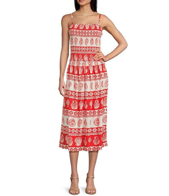 I.N. San Francisco Linen Blend Printed Square Neck Smocked Coordinating Tank Top Product Image