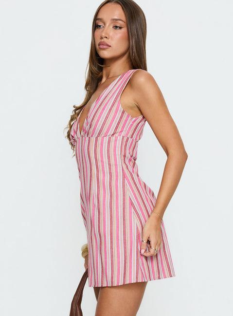 Daphney Plunge Mini Dress Pink Stripe Product Image