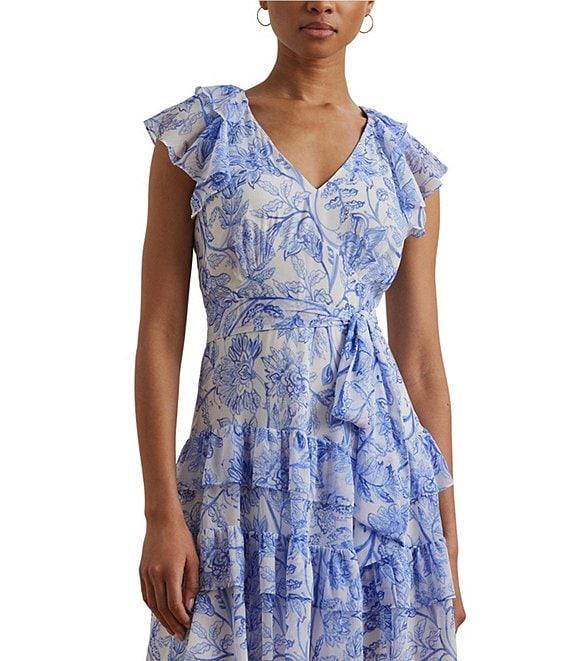 Lauren Ralph Lauren Kugonza Georgette V-Neck Short Flutter Sleve Ruffle Trim Floral Printed Fit and Flare Dress Product Image