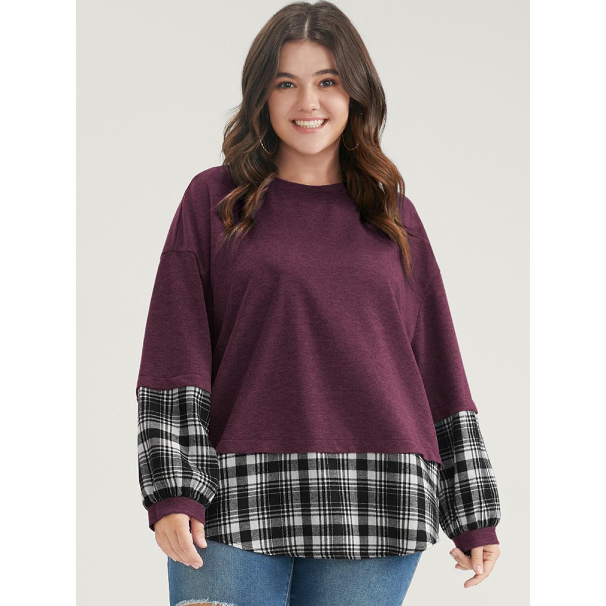 Plus Size Plaid Patchwork Round Neck Arc Hem Sweatshirt Women Burgundy Casual Contrast Round Neck Dailywear Sweatshirts BloomChic 10/M Product Image