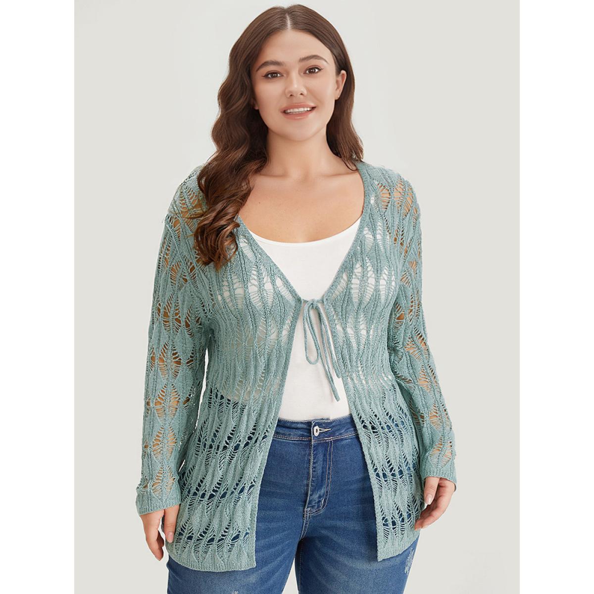 Plus Size Solid Tie Front Hollow Out Cardigan Stone Women Casual Loose Long Sleeve Everyday Cardigans BloomChic 12/L Product Image