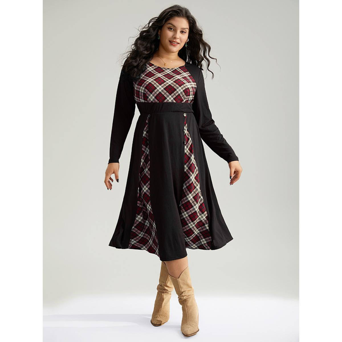 Plus Size Christmas Plaid Patchwork Button Detail Dress Scarlet Women Elegant Printed Round Neck Long Sleeve Curvy Midi Dress BloomChic 30/6X Product Image