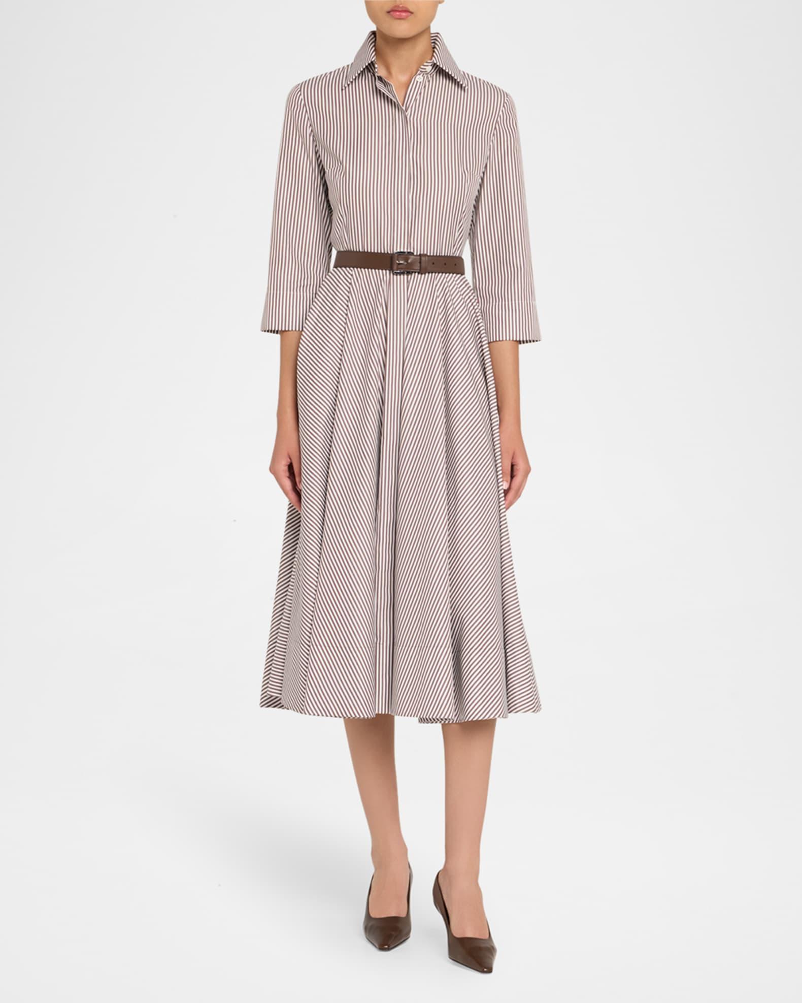 3/4-Sleeve Striped Midi Shirtdress With Belt Product Image