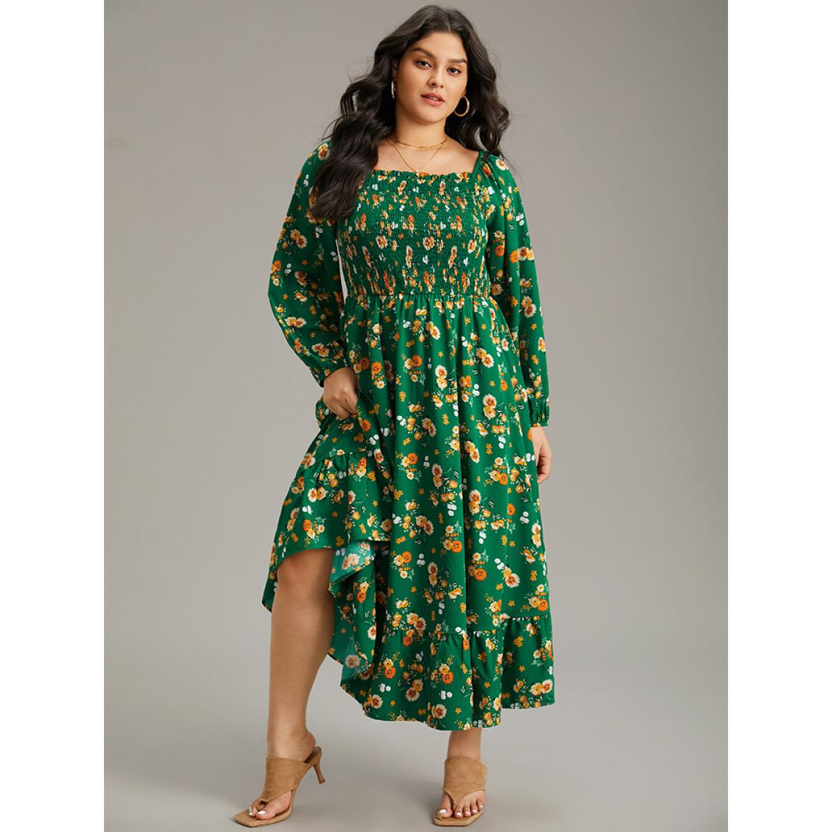 Plus Size Floral Print Shirred Elastic Cuffs Dress DarkGreen Women Elegant Elastic cuffs Square Neck Long Sleeve Curvy Midi Dress BloomChic 10/M Product Image