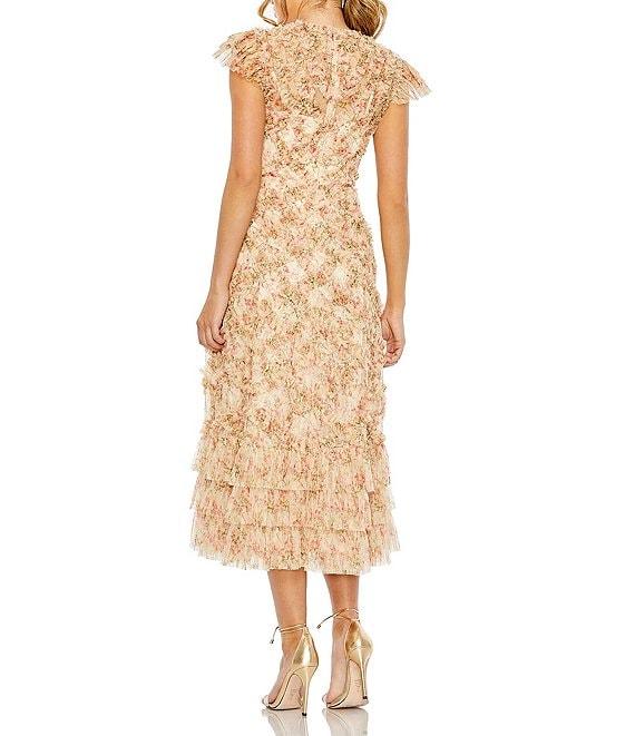 Mac Duggal Mesh Floral Print Mock Neck Cap Sleeve Micro Ruffle A-Line Midi Dress Product Image
