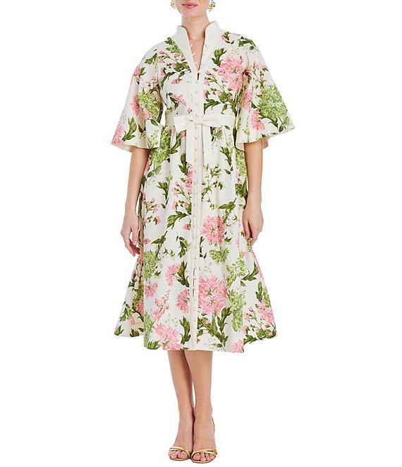 Mestiza New York Carmen Floral Print Mandarin Collar Elbow Butterfly Sleeve Midi Dress Product Image