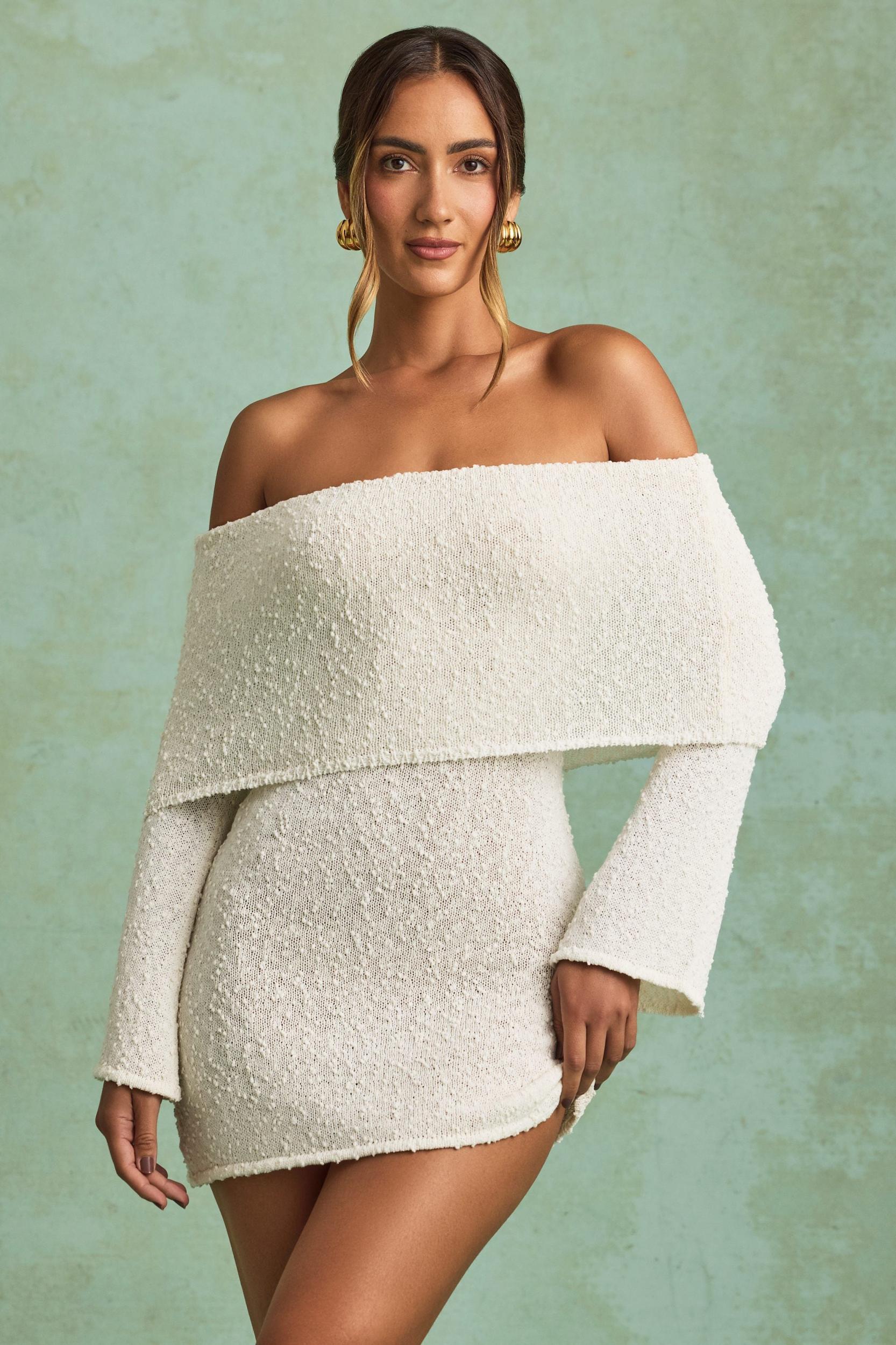 Bouclé Off-Shoulder Mini Dress in White Product Image