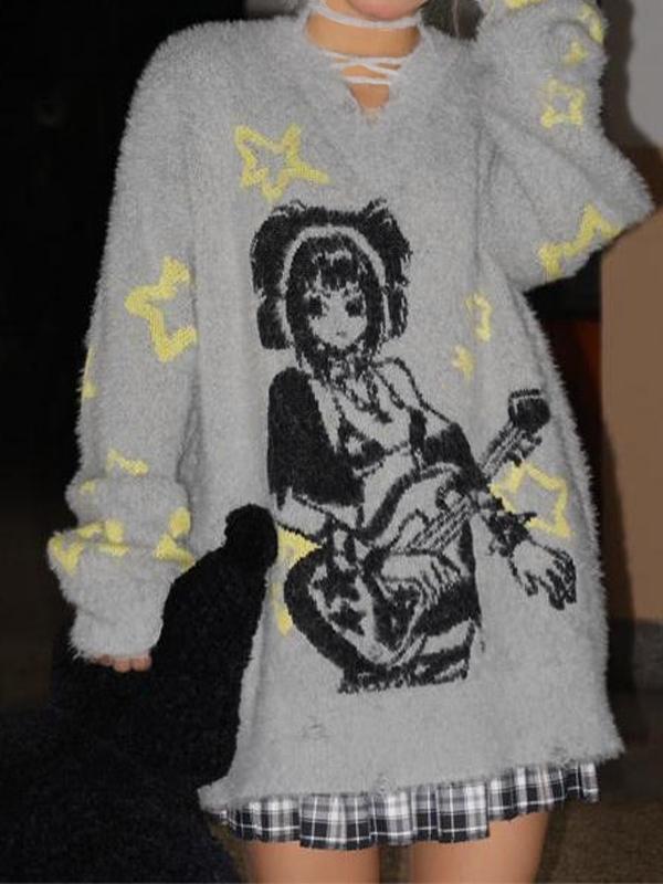Anime Print V Neck Loose Sweater Product Image
