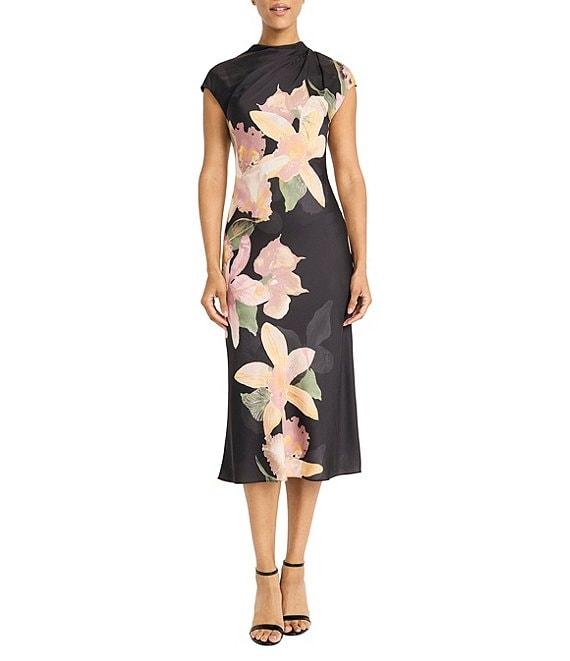 Maggy London Floral Print Charmeuse High Neck Cap Sleeve Bias Cut Sheath Dress Product Image
