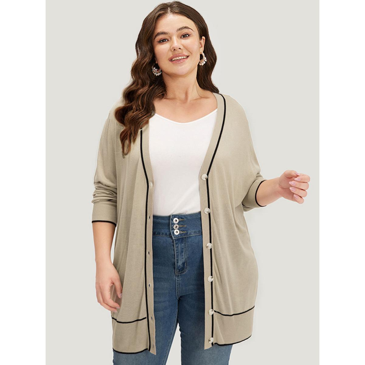 Plus Size Supersoft Essentials Contrast Trim Button Through Elastic Cuffs Cardigan Champagne Women Casual Loose Long Sleeve Dailywear Cardigans BloomChic 14-16/1X Product Image
