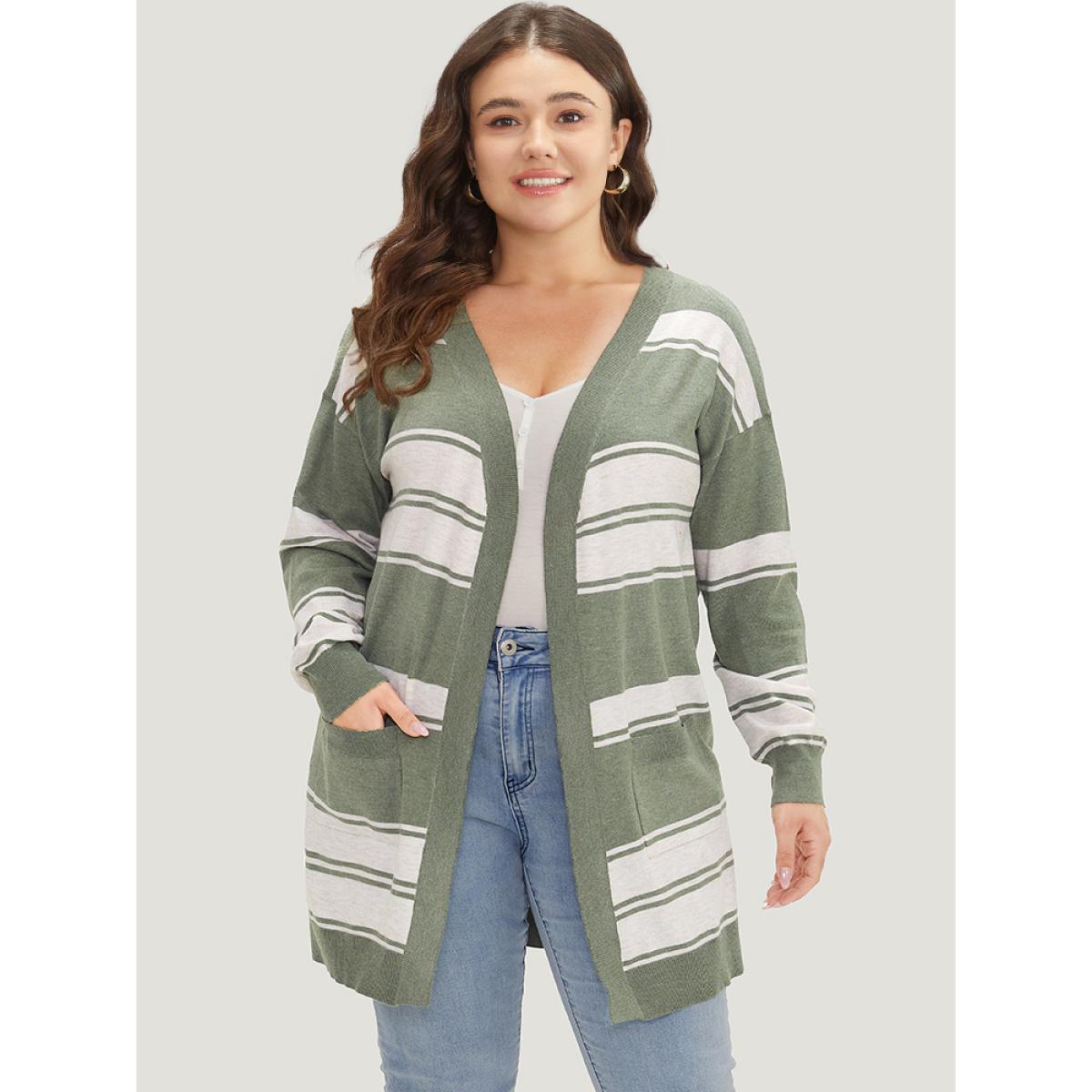 Plus Size Striped Patchwork Open Front Pocket Cardigan Green Women Casual Long Sleeve Everyday Cardigans BloomChic 22-24/3X Product Image