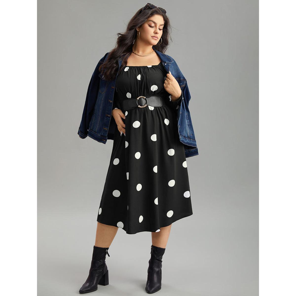 Plus Size Polka Dot Square Neck Gathered Elastic Cuffs Dress Black Women Elegant Elastic cuffs Square Neck Long Sleeve Curvy Midi Dress BloomChic 14-16/1X Product Image
