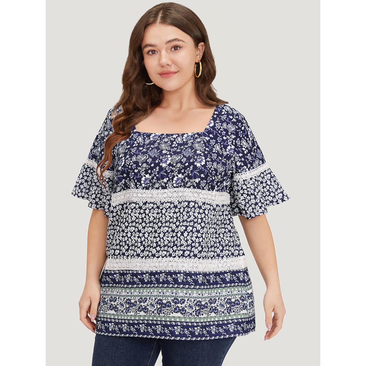Plus Size Indigo Ditsy Floral Patchwork Square Neck Flutter Sleeve Blouse Women Elegant Half Sleeve Square Neck Dailywear Blouses BloomChic 10/M Product Image
