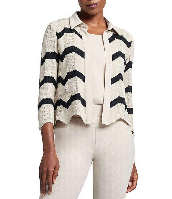 Ming Wang Stripe Knit Collar Neck 3/4 Sleeve Scallop Jacket Product Image