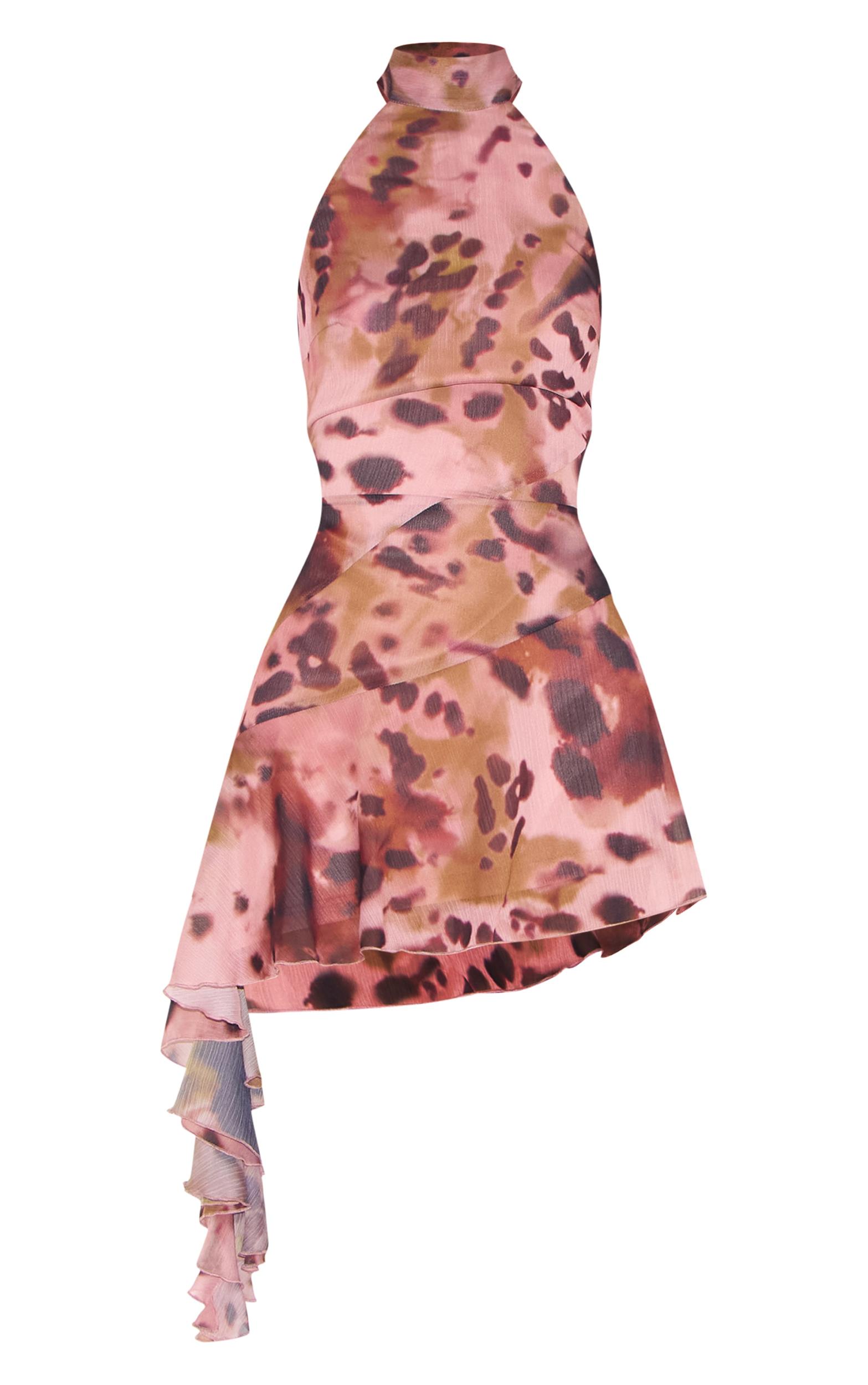  Abstract Chiffon Halter Neck Frill Detail Shift Dress Product Image