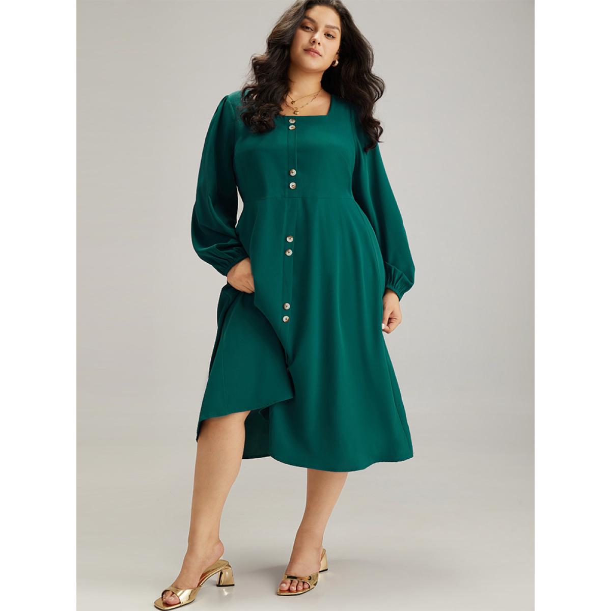 Plus Size Twill Square Neck Button Detail Lantern Sleeve Dress Teal Women Office Elastic cuffs Square Neck Long Sleeve Curvy Midi Dress BloomChic 14-16/1X Product Image