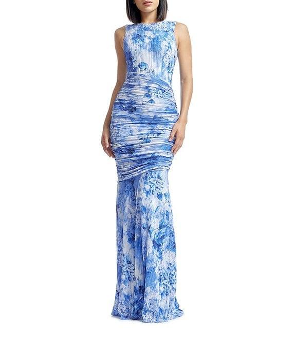 Dress the Population Violetta Graphic Print Crew Neck Sleeveless Ruched Mermaid Gown Product Image