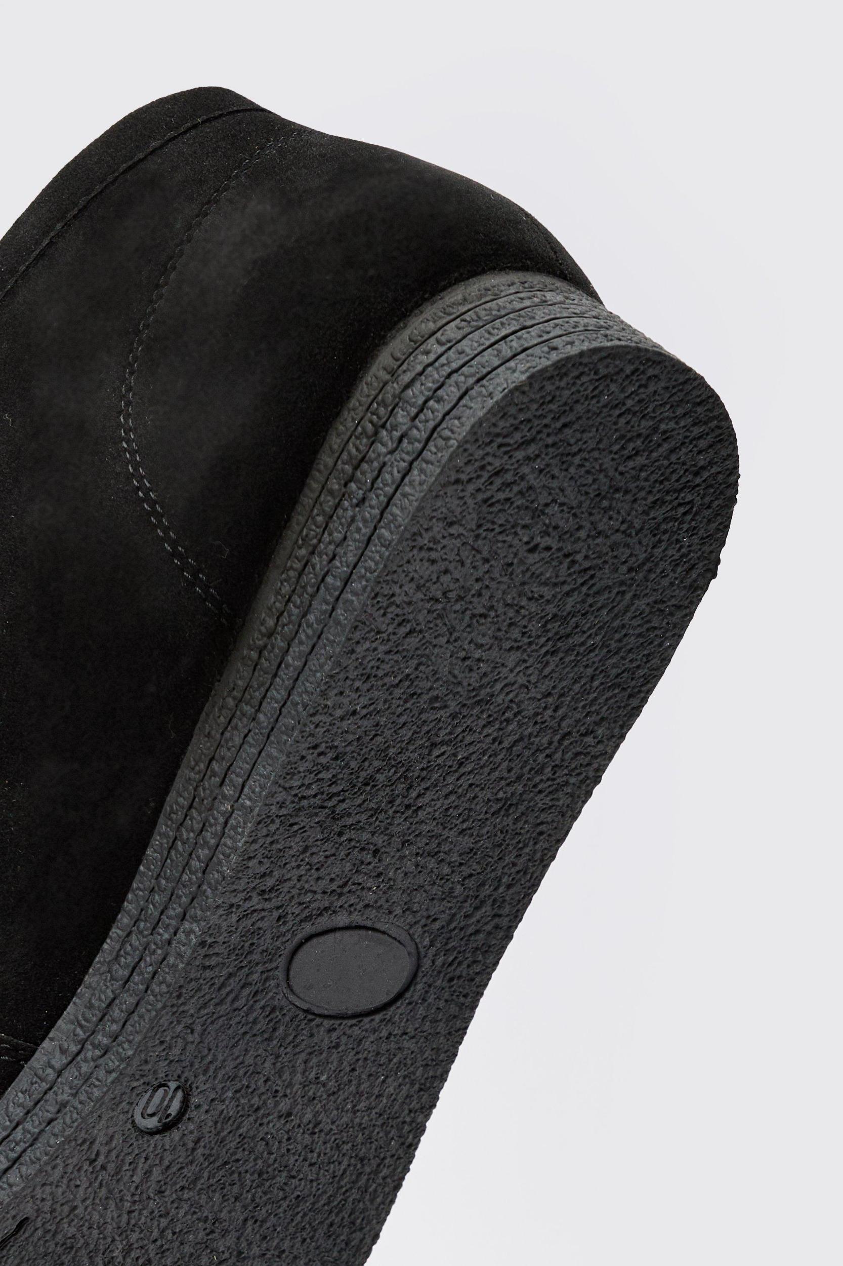 Faux Suede Apron Front Embossed Branding Shoes In Black | boohooMAN USA Product Image