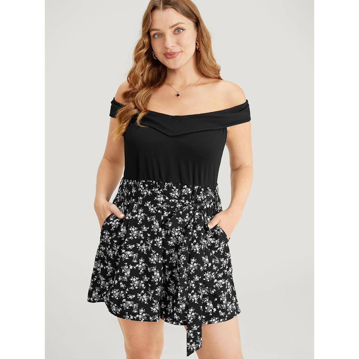 Plus Size Black Ditsy Floral Patchwork Pocket Belted Off Shoulder Romper Women Elegant Sleeveless One-shoulder neck Dailywear Loose Jumpsuits BloomChic 26/4X Product Image