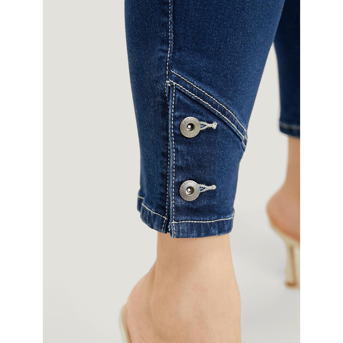 Plus Size Very Stretchy High Rise Dark Wash Button Hem Jeans Women Indigo Casual Plain Button High stretch Jeans BloomChic 14/1X Product Image