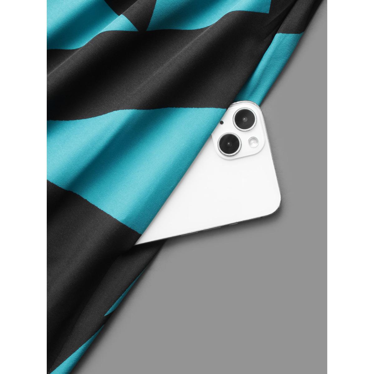 Plus Size V-Neck Geometric Color Contrast Dress Black Women At the Office Patchwork V-neck Elbow-length sleeve Curvy BloomChic 14-16/1X Product Image