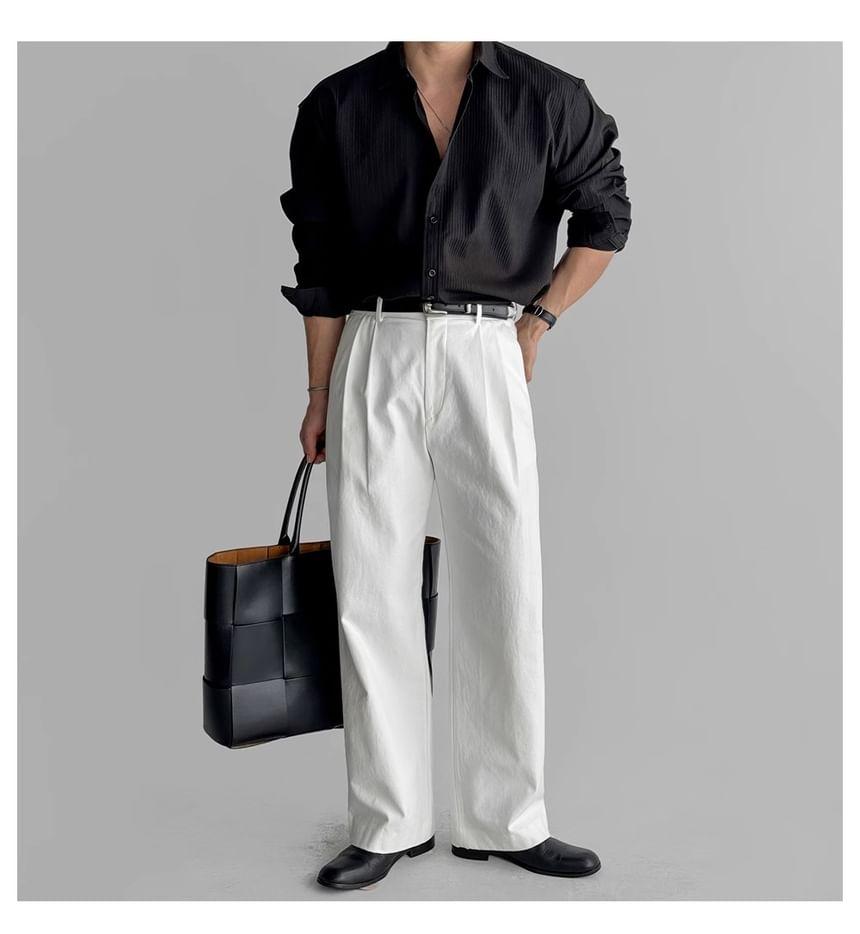 Long-Sleeve Collared Plain Button Up Shirt Product Image