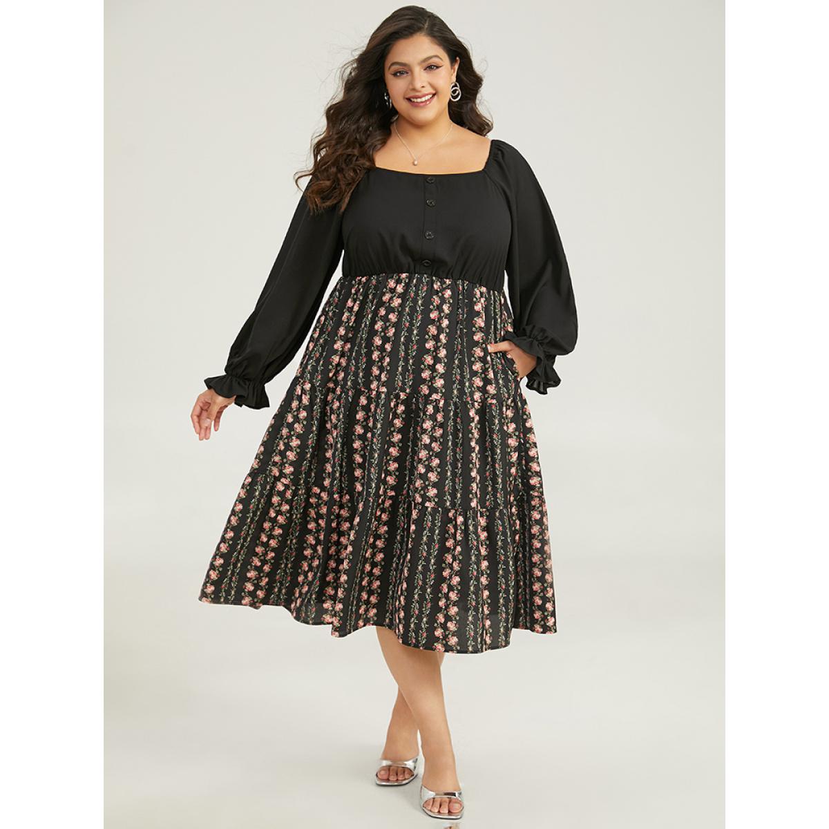 Plus Size Floral Ruffle Layered Hem Square Neck Dress Black Women Office Elastic cuffs Square Neck Long Sleeve Curvy Midi Dress BloomChic 30/6X Product Image
