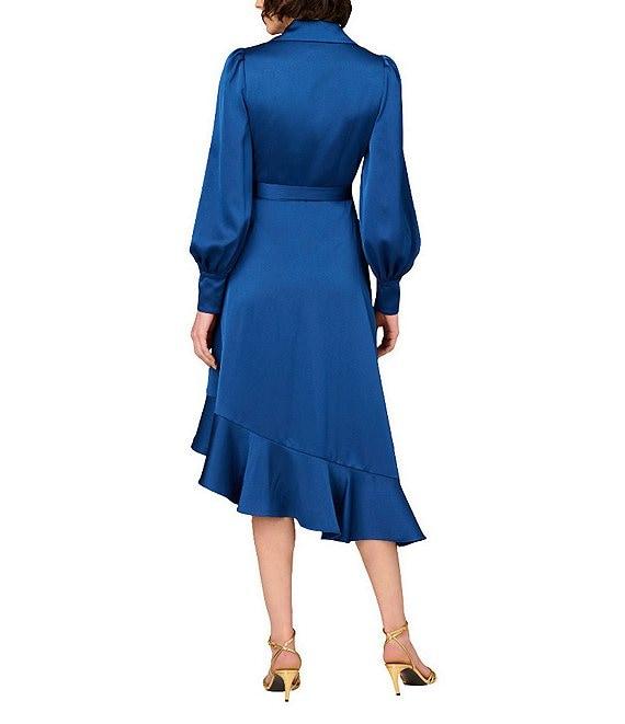 Aidan Mattox V-Neck Bishop Sleeve Asymmetrical Ruffle Hem Wrap Dress Product Image