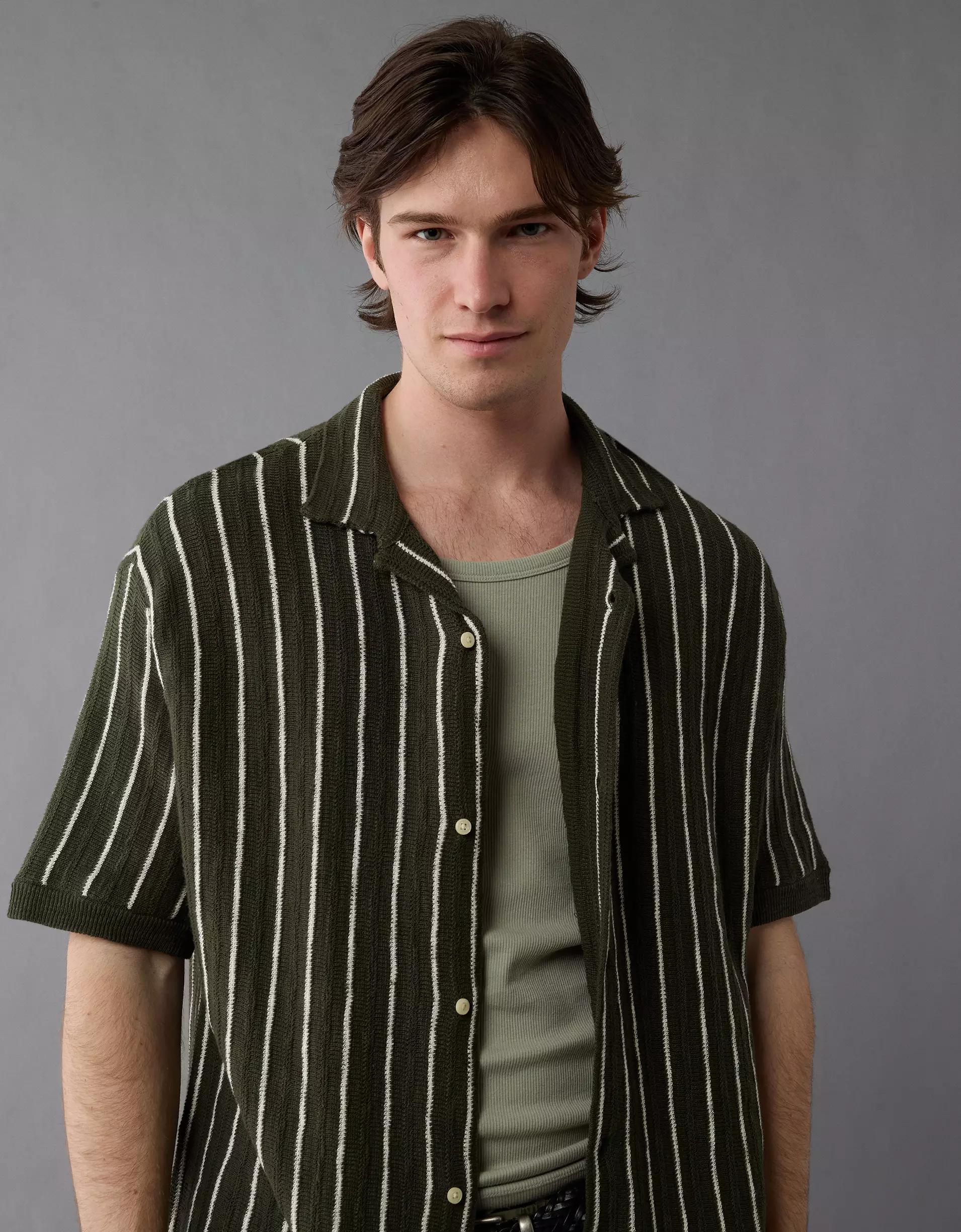AE Weekend Pinstripe Button-Up Sweater Polo Shirt Product Image