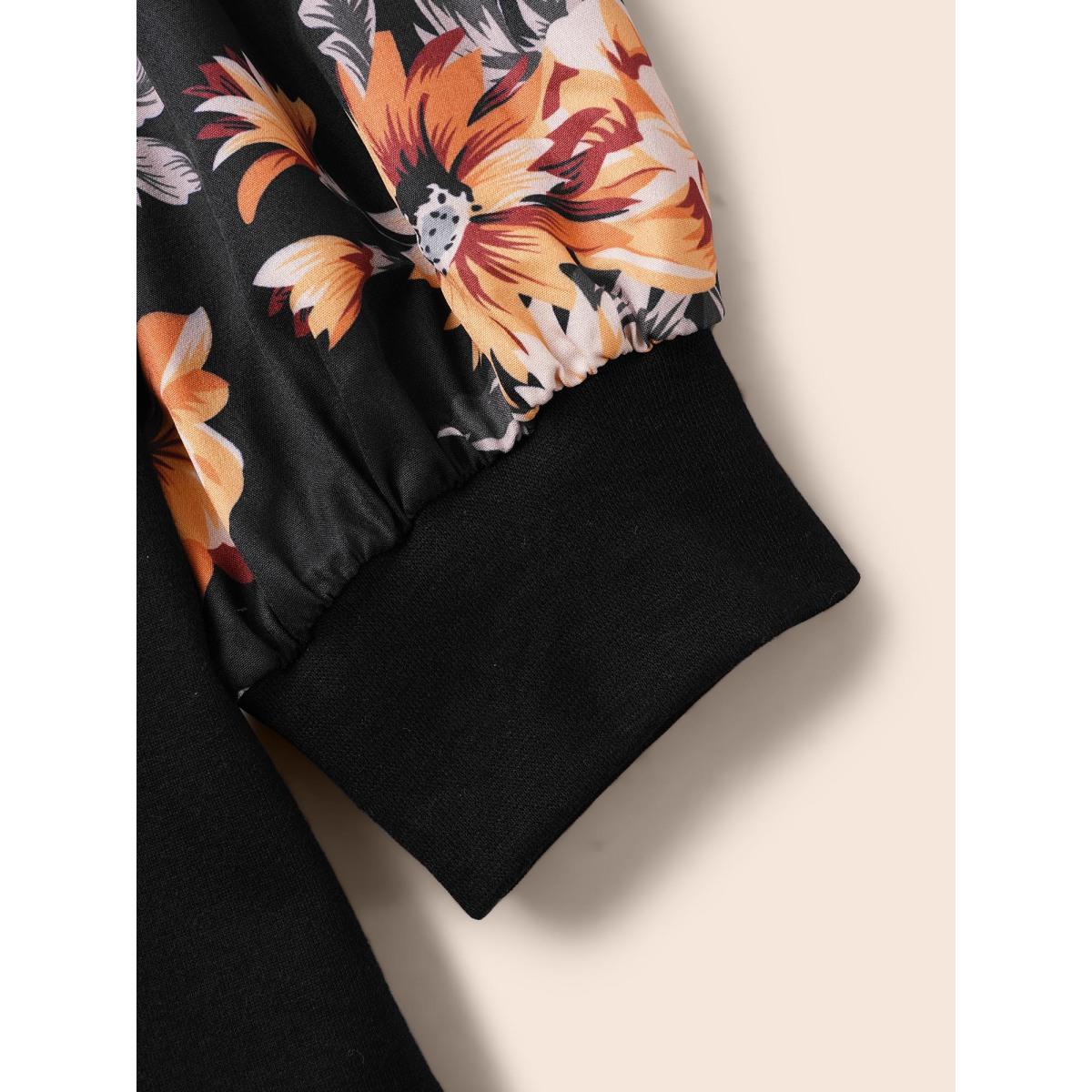 Plus Size Halloween Floral Patchwork Print Raglan Sleeve Sweatshirt Women Black Leisure Elastic cuffs Round Neck Casual Sweatshirts BloomChic 30/6X Product Image