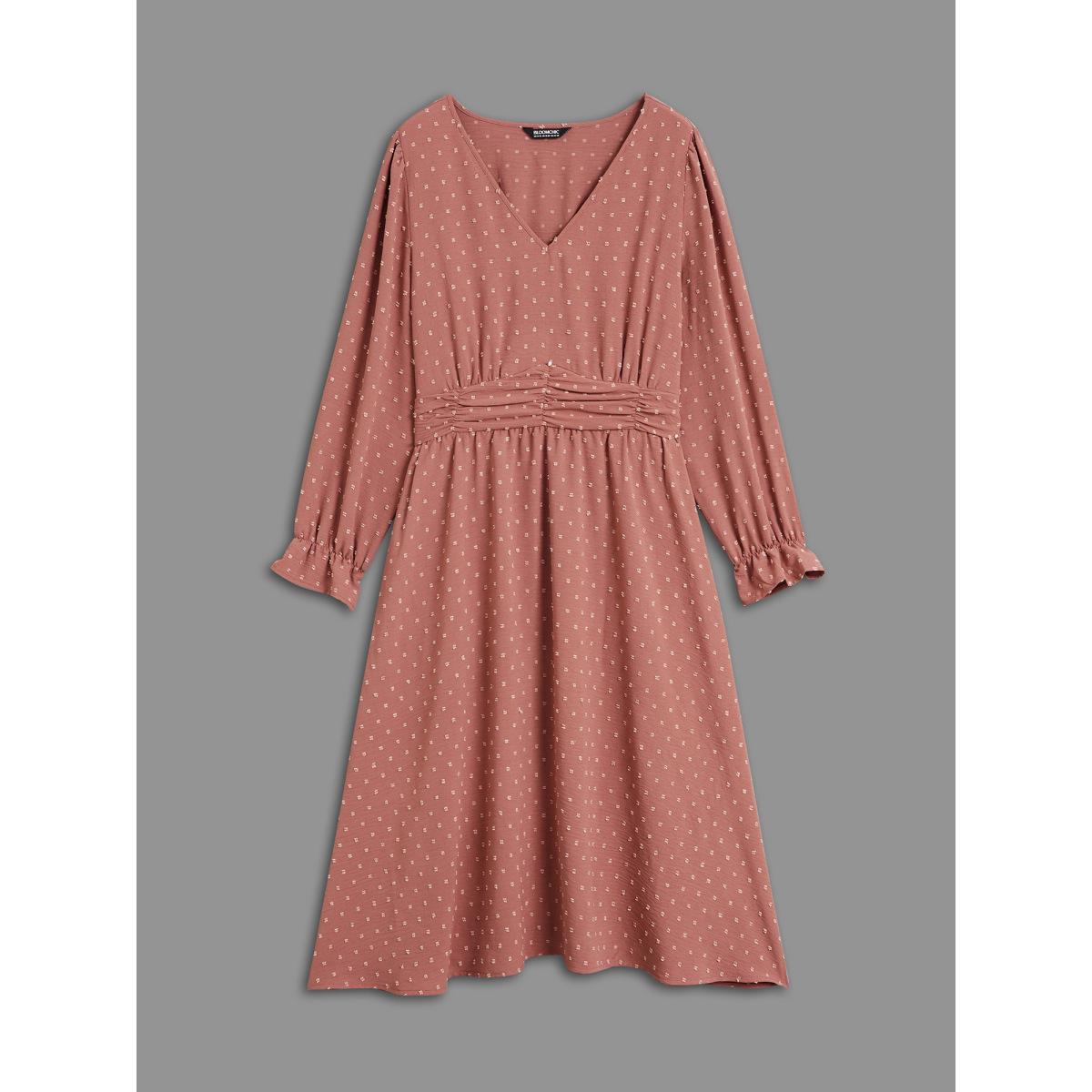 Plus Size Solid Texture Ruffles Shirred Gathered Dress DustyPink Women Elegant Texture V-neck Long Sleeve Curvy BloomChic 10/M Product Image