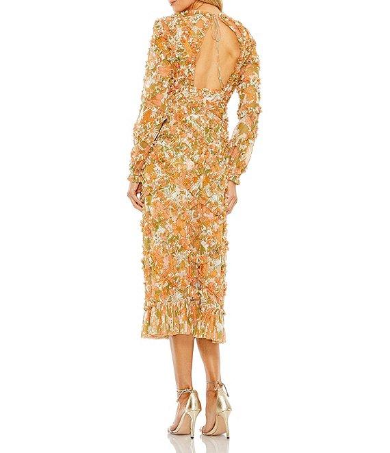 Mac Duggal V-Neck Long Sleeve Low Back Floral Printed Chiffon Ruffle A-line Midi Dress Product Image