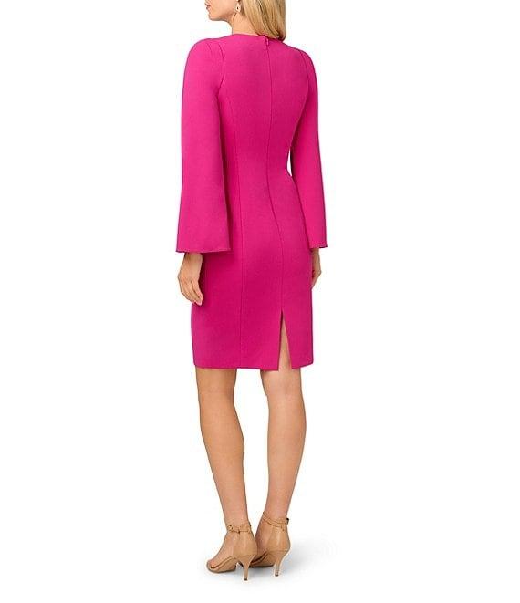 Adrianna Papell Solid Crepe Jewel Embellished Split V-Neck Long Sleeve Sheath Dress Product Image